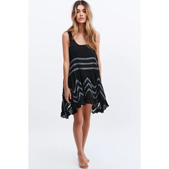 Free People Black Gray Tiered Ruffle Hem Voile & Lace Tiny Dots Mini Dress Tunic - Picture 3 of 16